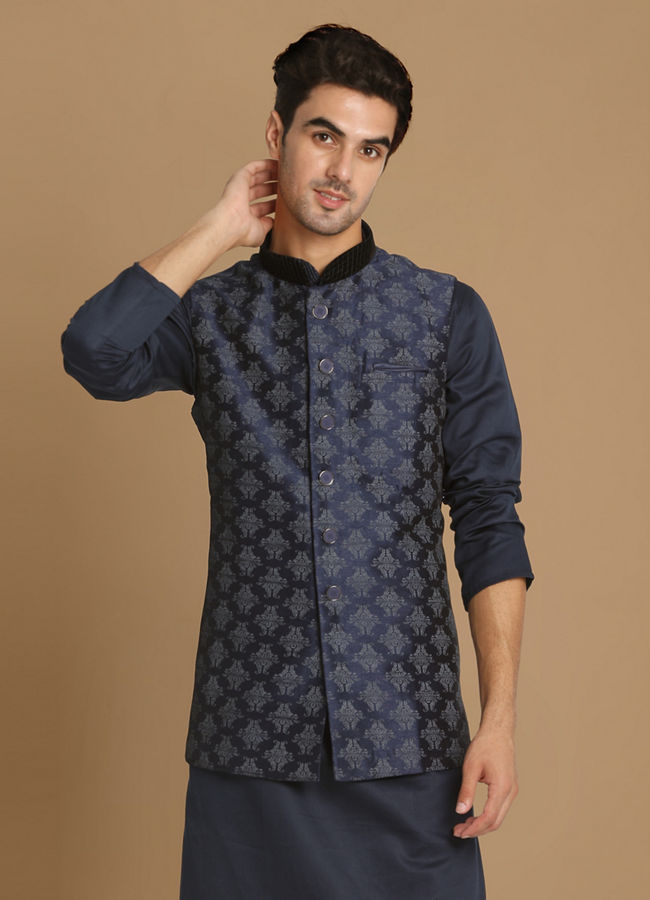 Denim Blue Festive Kurta Jacket With White Pajama